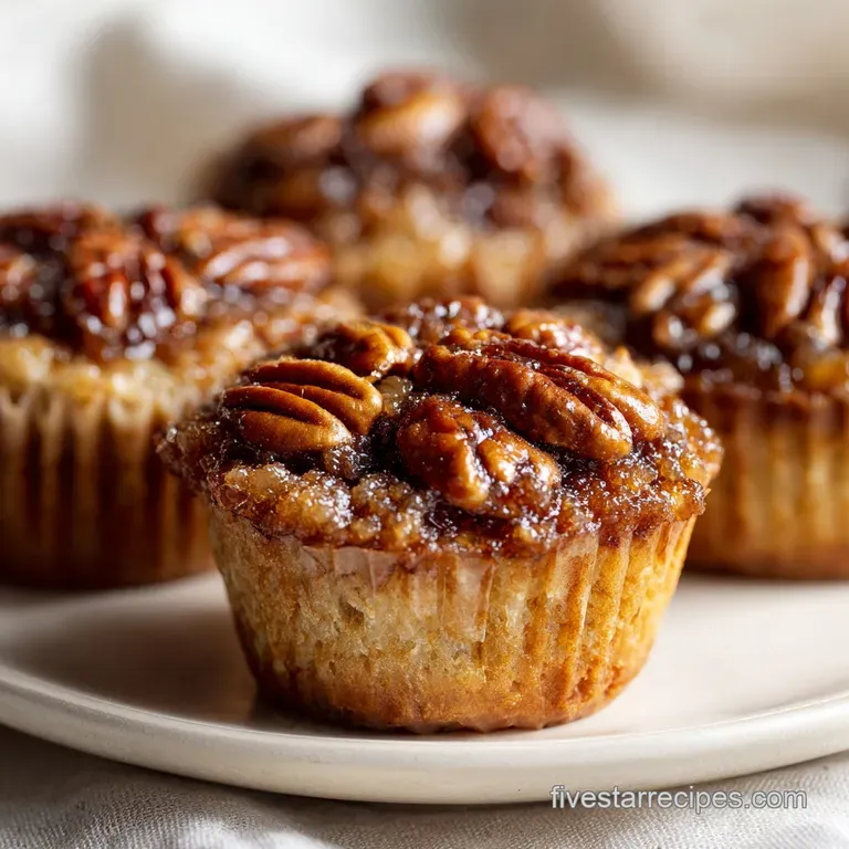 A rustic muffin, split to reveal a gooey, caramel-like pecan filling, on a simple white plate.