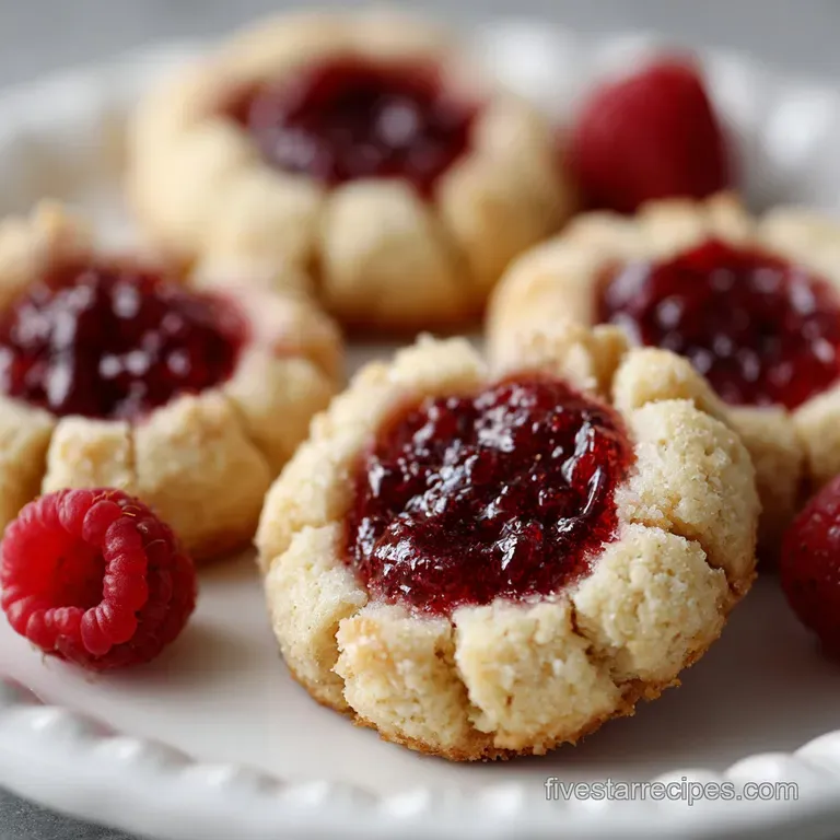A stack of delicate, buttery thumbprint cookies, generously filled with ruby-red raspberry jam.