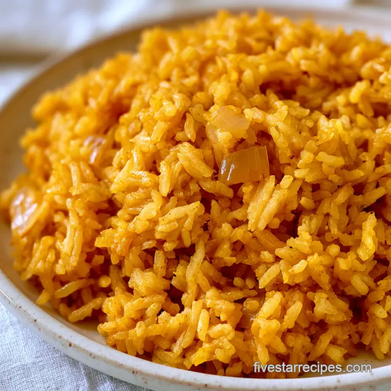 A neat mound of vibrant orange rice garnished with fresh cilantro, served on a minimalist white ceramic plate.