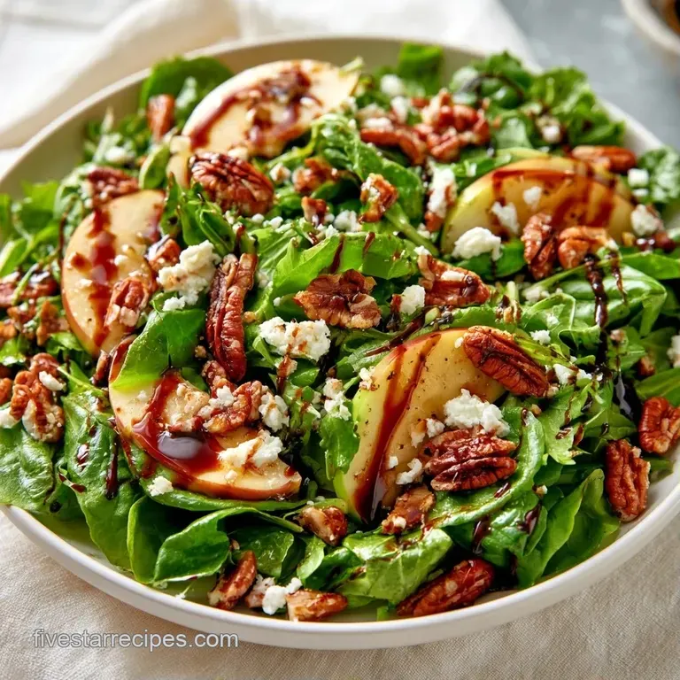 Crisp autumn greens elegantly plated with thin apple crescents, white cheese crumbles, and golden toasted pecans.