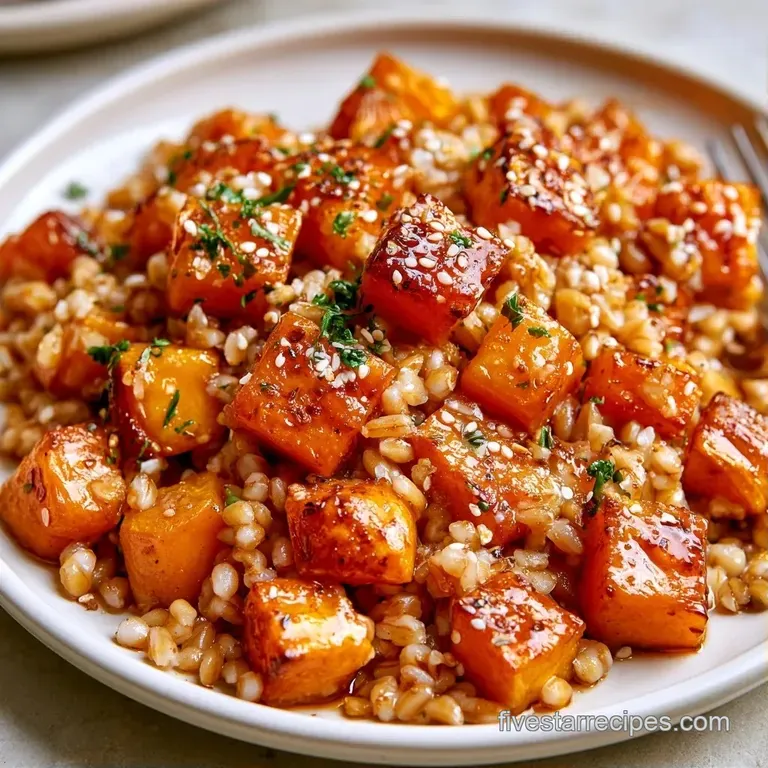 A vibrant medley of roasted orange squash and chewy grains tossed with dark greens in a shallow white porcelain bowl.