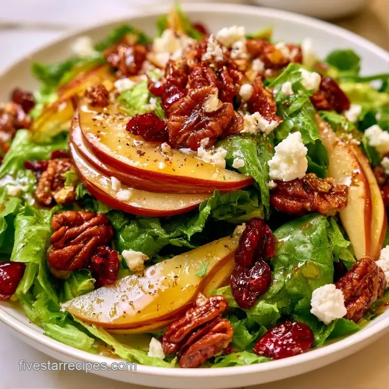 Vibrant autumn greens and white cheese crumbles artistically arranged in a white bowl with a drizzle of vinaigrette.