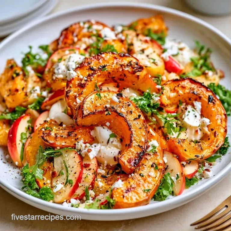 A vibrant autumn mix of orange squash, deep red berries, and white goat cheese in a shallow ceramic bowl.