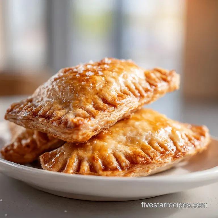 Single apple hand pie on a white plate, steam rising, beside a scoop of vanilla ice cream, drizzled with caramel sauce.