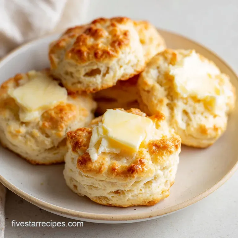 A stack of warm, golden biscuits on a white ceramic plate with a dollop of honey and a sprig of fresh parsley.