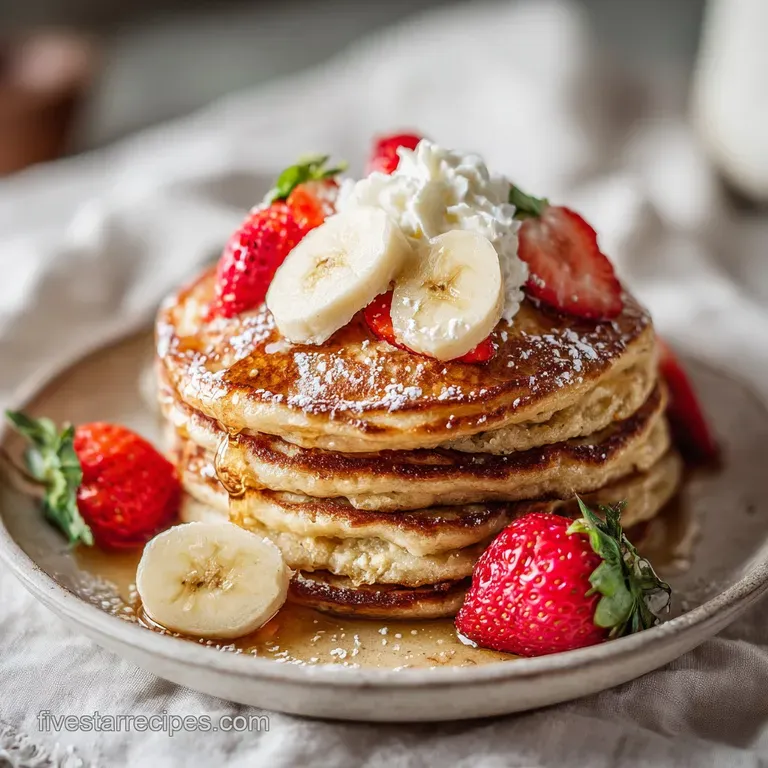 Three fluffy banana pancakes stacked on a white plate, glistening with syrup. Sliced bananas and powdered sugar garnish.
