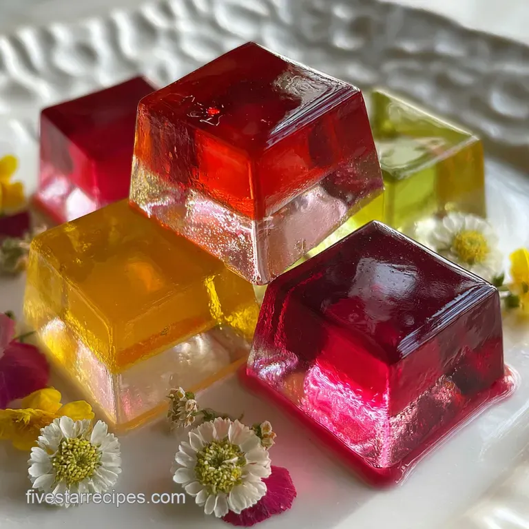 Neatly arranged rainbow jello squares, a shimmering mosaic of firm, wobbly textures on a clean, modern plate.