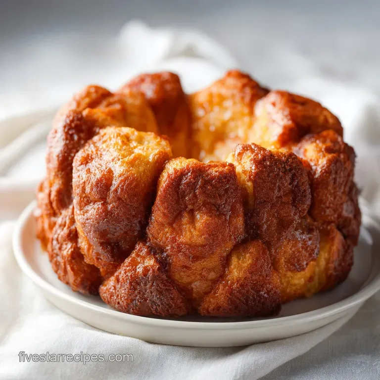 Individual warm monkey bread clusters glisten, topped with a drizzle of sweet glaze and a sprinkle of cinnamon.