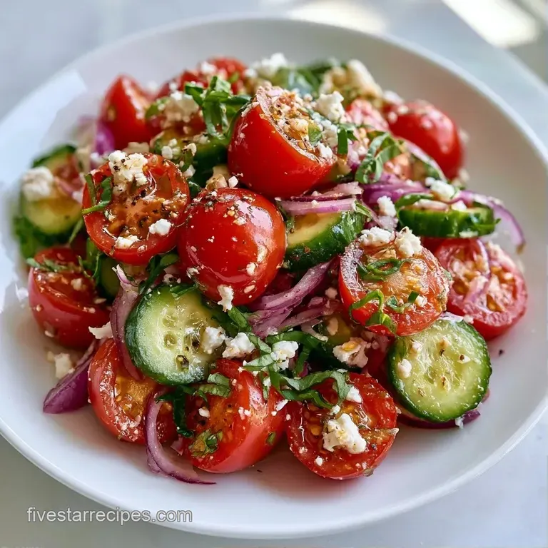 Halved colorful tomatoes artfully arranged in a white ceramic bowl with sprigs of fresh herbs and cracked pepper.