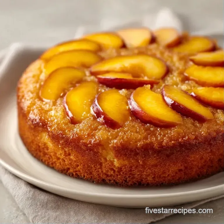 A slice of moist cake with caramelized peaches on a white porcelain plate, garnished with a fresh mint leaf.