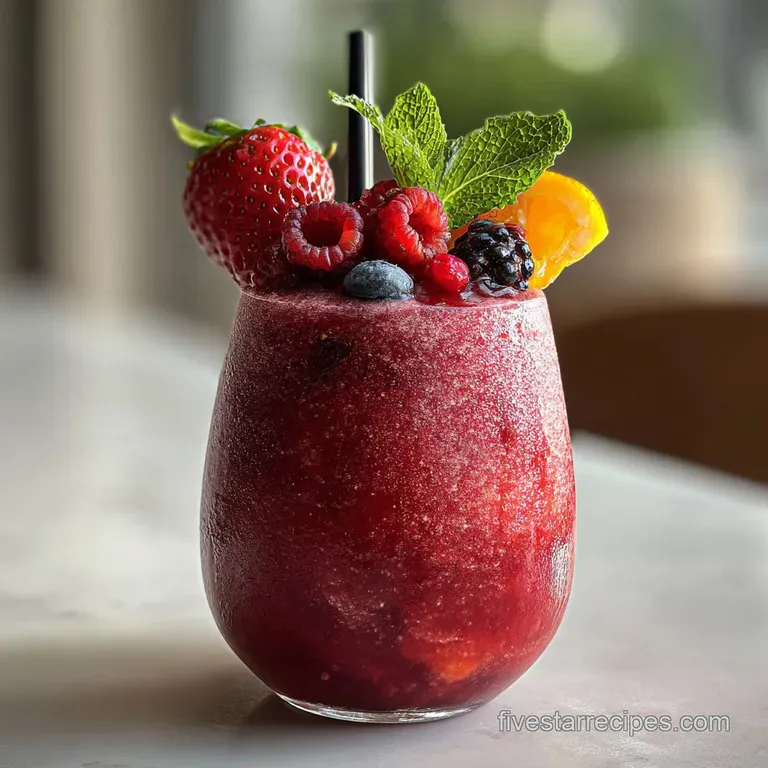 Two frosty strawberry daiquiris garnished with fresh strawberries on a sun-drenched patio. Icy condensation clings to the ...