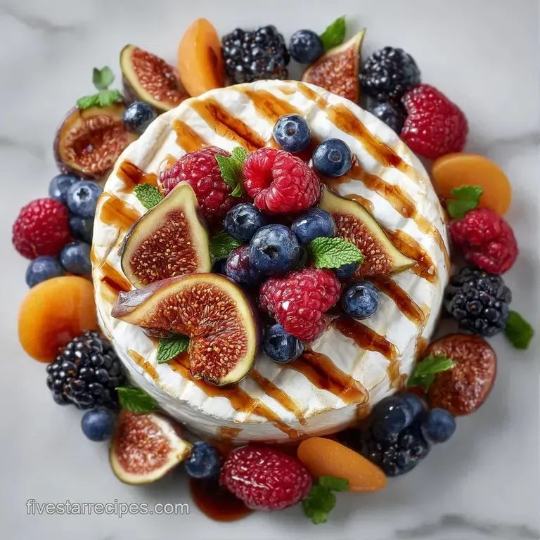 Artfully arranged platter of creamy brie, deep magenta sliced figs, and glossy berries on a rustic dark wood surface.