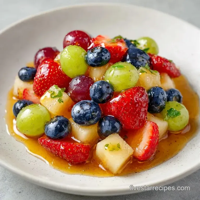 An artful arrangement of sliced tropical fruits and deep red berries surrounding a small pot of glossy amber honey.