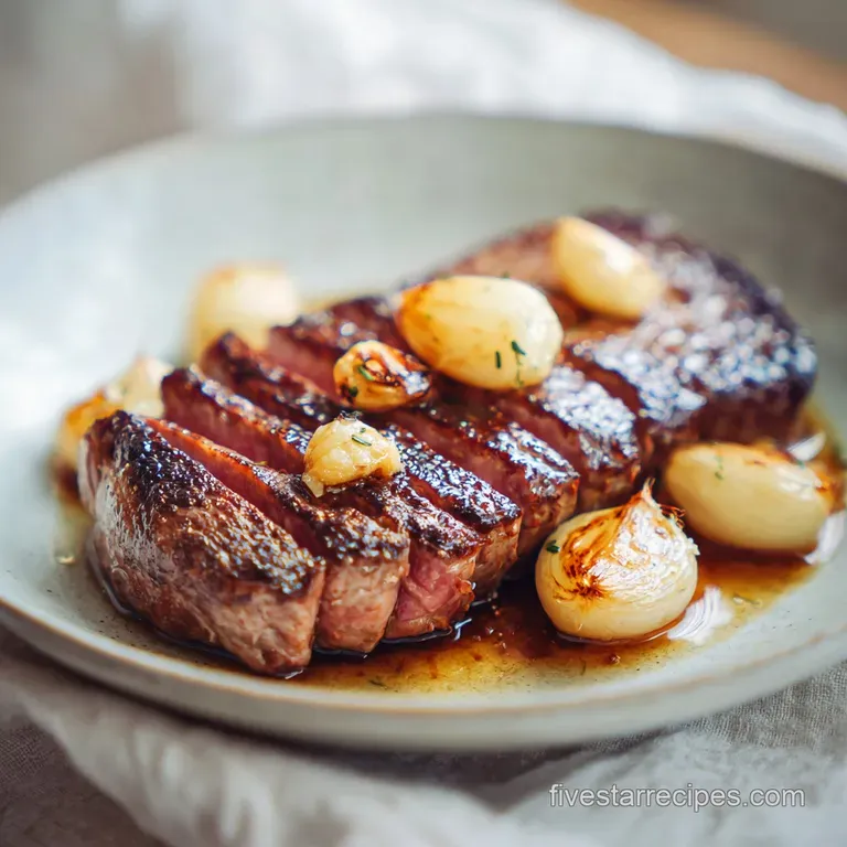Two perfectly seared steaks resting on a white ceramic platter, garnished with fresh sprigs of rosemary and garlic.