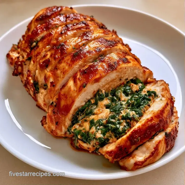 Elegant plate of sliced seared poultry with vibrant green filling, garnished with microgreens and lemon.