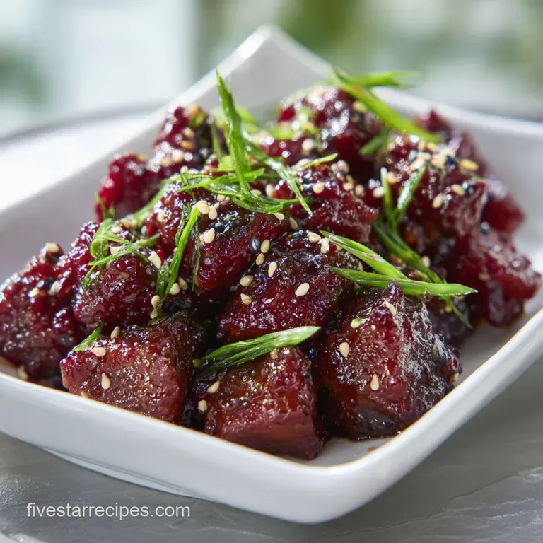 Golden fried chicken bites in a sticky glaze, garnished with sliced scallions and sesame seeds on a white plate.