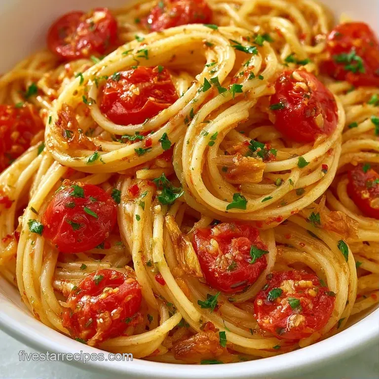 Swirled pasta garnished with bright red blistered tomatoes and fresh green basil leaves on a matte white plate.