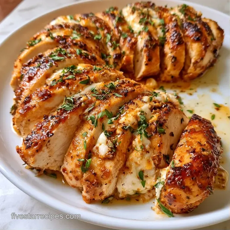 Slices of golden-brown meat with molten white cheese, plated elegantly with a drizzle of sauce and fresh herbs.