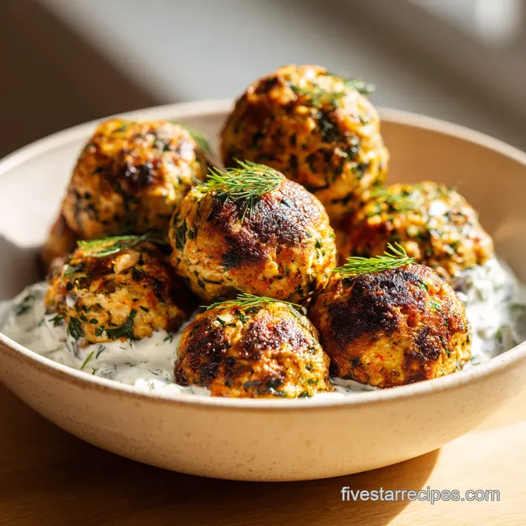 Plump chicken meatballs nestled beside a swirl of cool tzatziki, with a sprinkle of herbs on a white plate.
