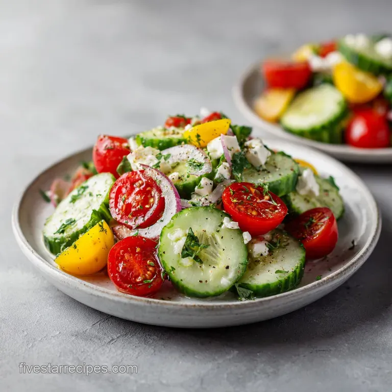 A refreshing salad bowl brimming with cool, crunchy cucumber, ripe tomatoes, and briny olives, artfully arranged.