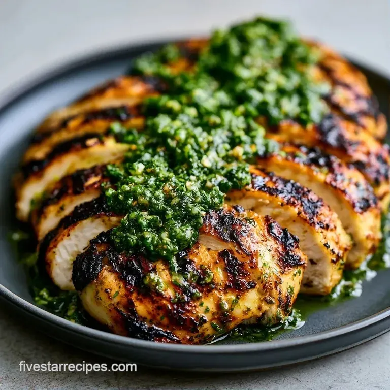 Sliced grilled poultry on a white platter, topped with zesty green herbs and served beside charred lemon wedges.