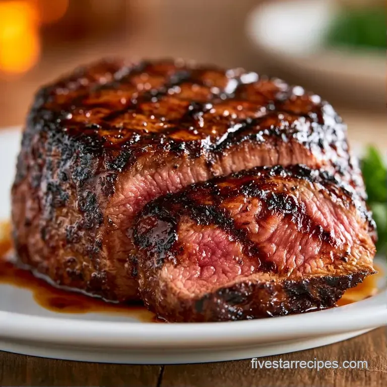 Sliced seared beef arranged on a white platter with roasted garlic cloves and a drizzle of rich brown jus.