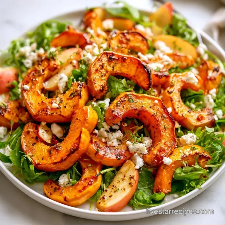 Vibrant autumn greens in a wide wooden bowl with toasted pecans and crisp apple slices drizzled in dark glaze.