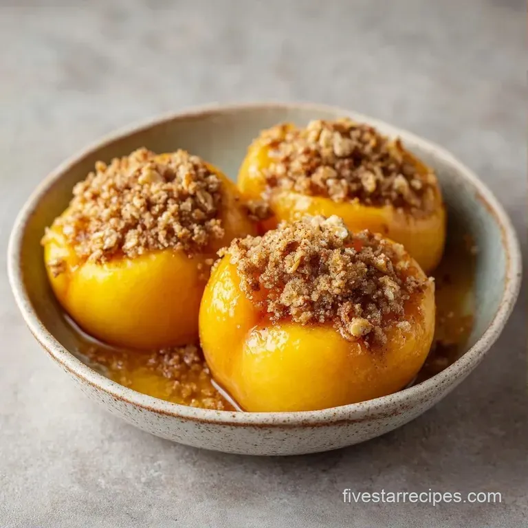 A scoop of melting vanilla ice cream atop a warm slice of golden crumble with juicy, glistening orange fruit.
