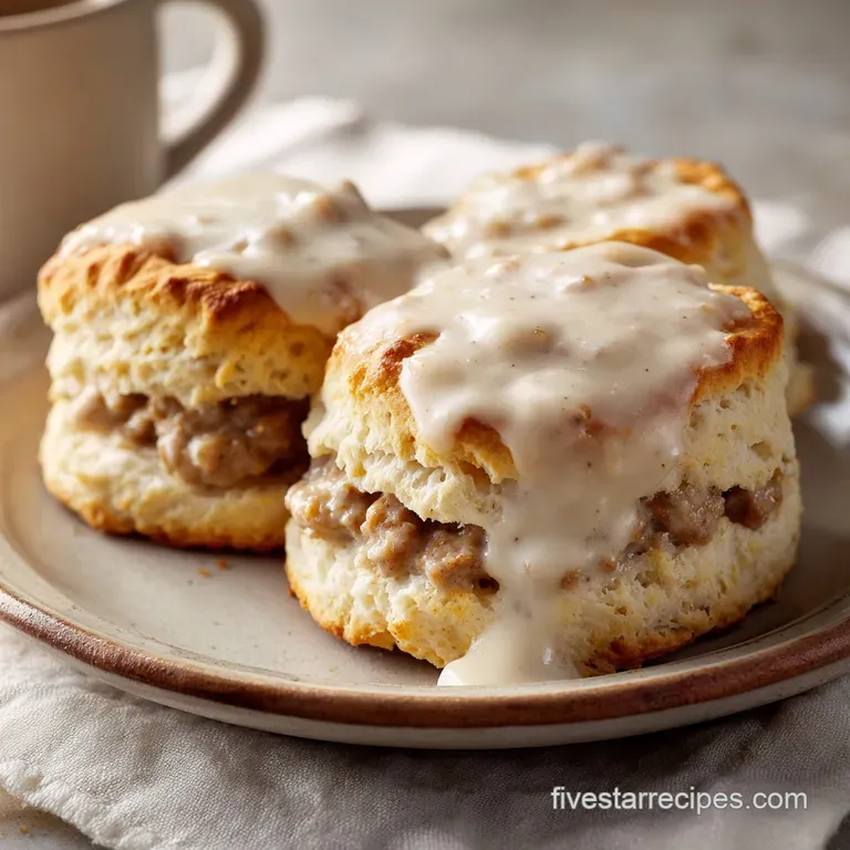 Two warm split biscuits on a ceramic plate drenched in rich, creamy gravy with a sprinkle of fresh green parsley.