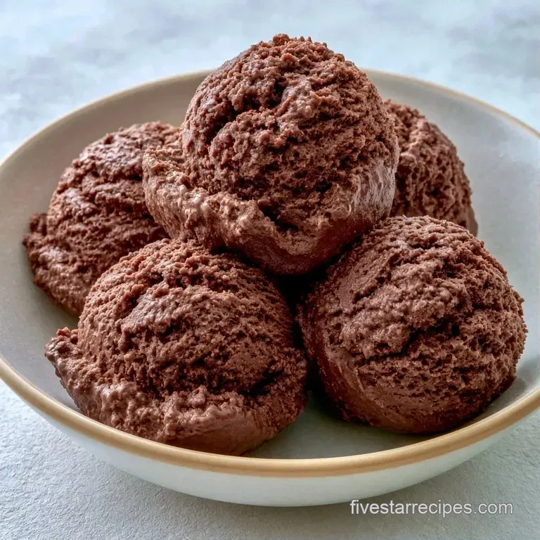 Three dark cocoa scoops topped with a sprig of fresh mint and a drizzle of glossy chocolate syrup on a plate.