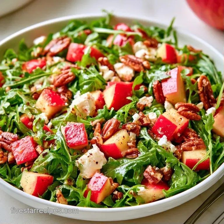 Vibrant red apple slices and leafy greens arranged in a white bowl, topped with crumbled feta and toasted pecans
