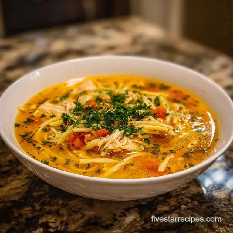 A single bowl of rich, golden chicken soup brimming with soft dumplings and shredded chicken, garnished with fresh parsley...