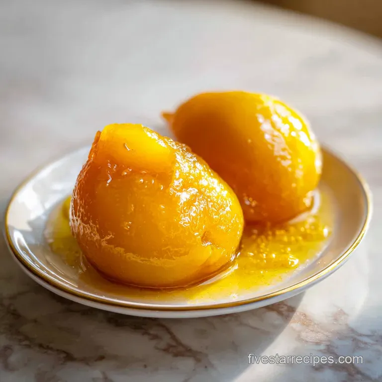 Golden quince preserve glistening on a spoon. Vanilla seeds are visible in the thick syrup, alongside bright specks of lem...