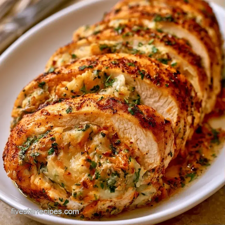 Sliced golden chicken breasts revealing a creamy potato center on a white plate with steamed asparagus.