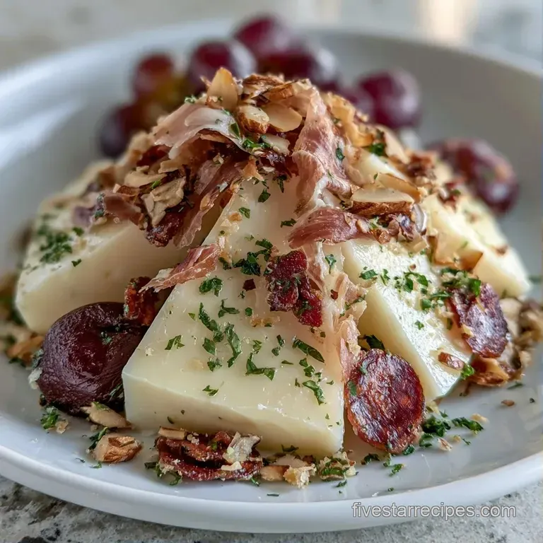 Arranged wedges of firm pale yellow cheese and toasted brown almonds on a dark slate board with fresh green grapes.