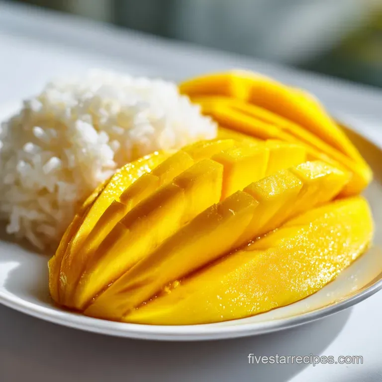 Fanned slices of vibrant yellow mango beside a neat scoop of glistening rice, topped with a drizzle of white cream.