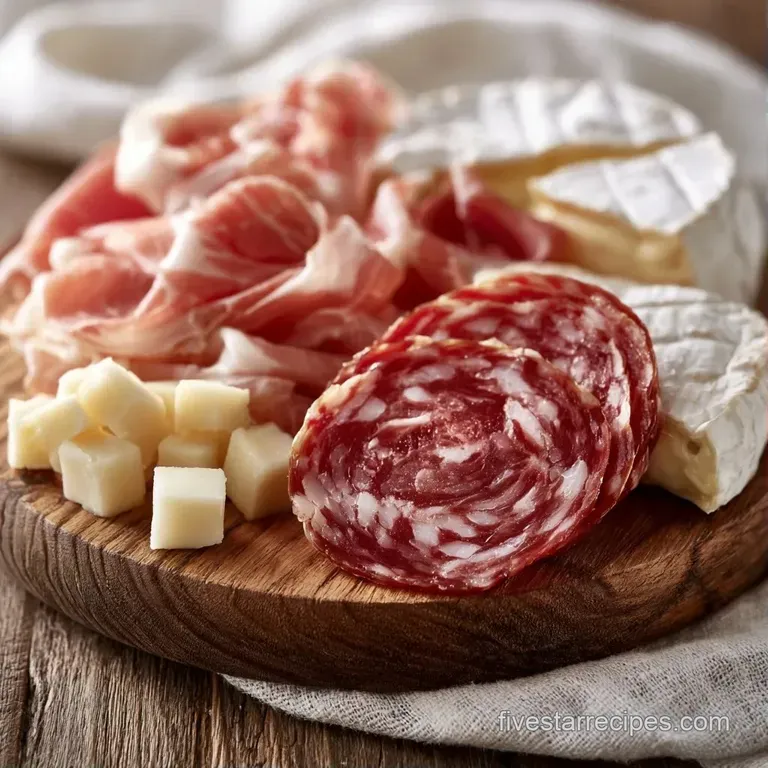 Symmetrically arranged cured meats and artisanal cheeses accented with deep purple grapes and sprigs of fresh rosemary.