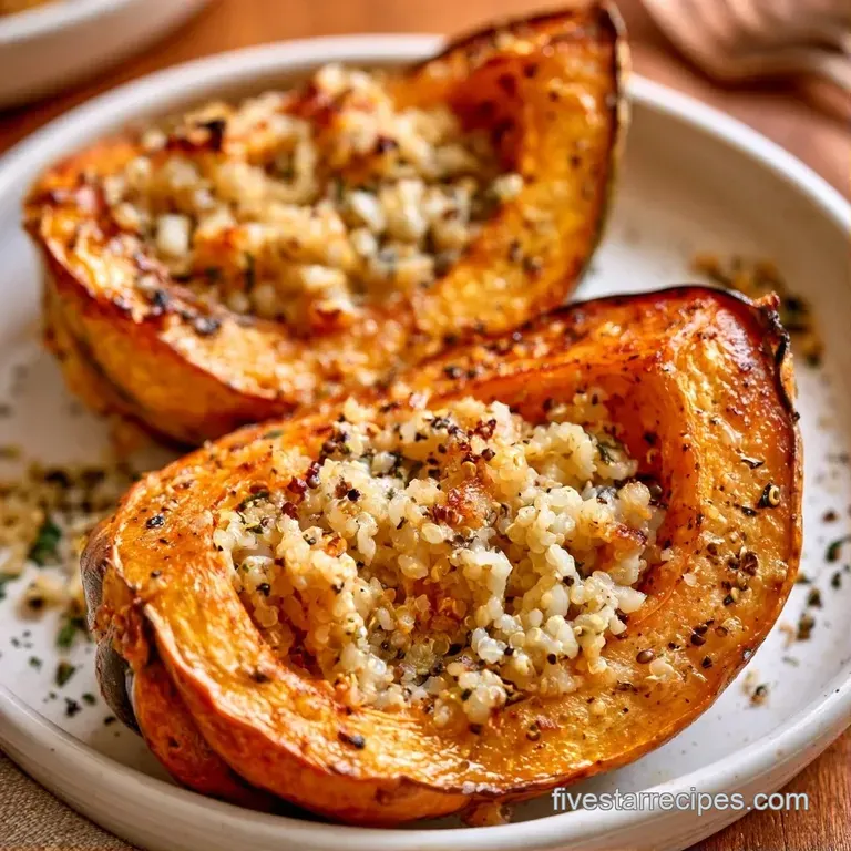 Caramelized orange squash halves filled with savory rice on a rustic linen napkin, accented by fresh green herbs.