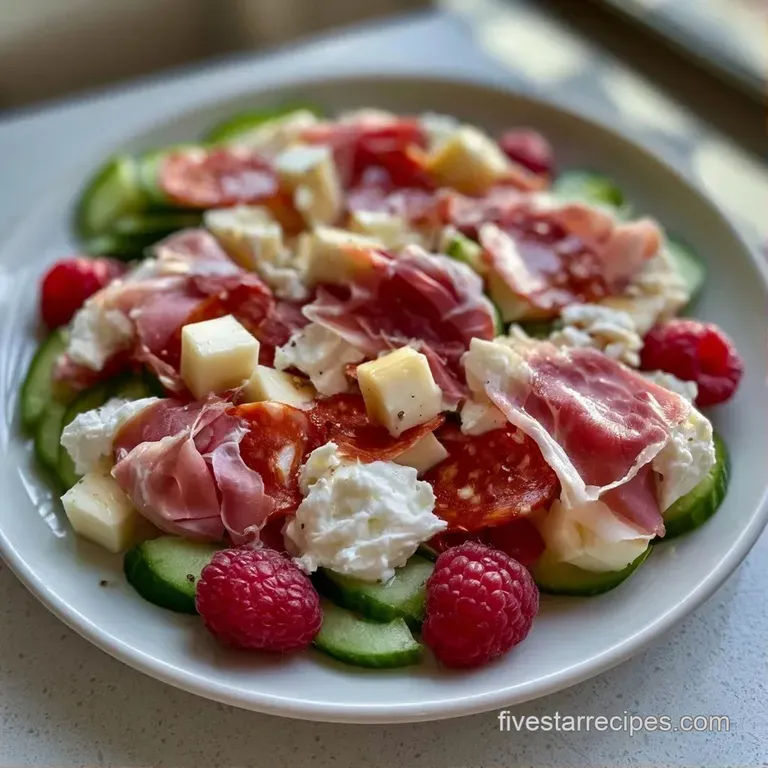 Slices of savory meats and cubed cheeses artfully arranged with golden crackers and fresh fruit on a slate platter.
