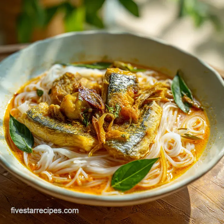 Elegant bowl of mohinga, fish broth shimmering, topped with herbs, chili flakes, and a crunchy, golden fried garnish.
