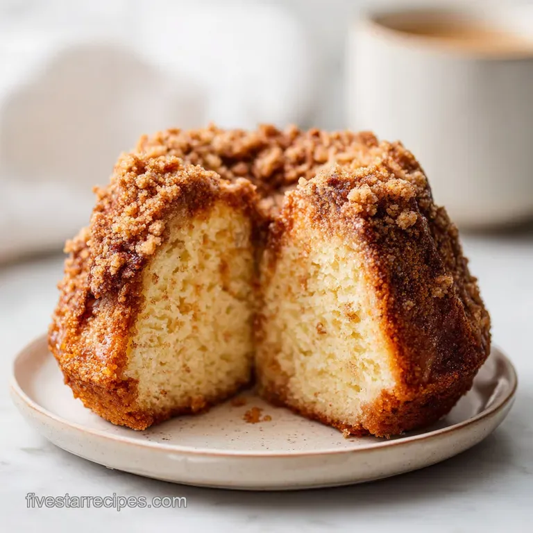 A slice of moist coffee cake sits on a plate, the crumbly top glistening, beside a dollop of cool, white sour cream.