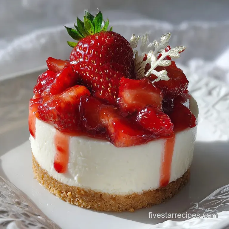 Elegant slice of strawberry cheesecake on a white plate. Notice the smooth filling, ruby-red strawberries, and delicate du...