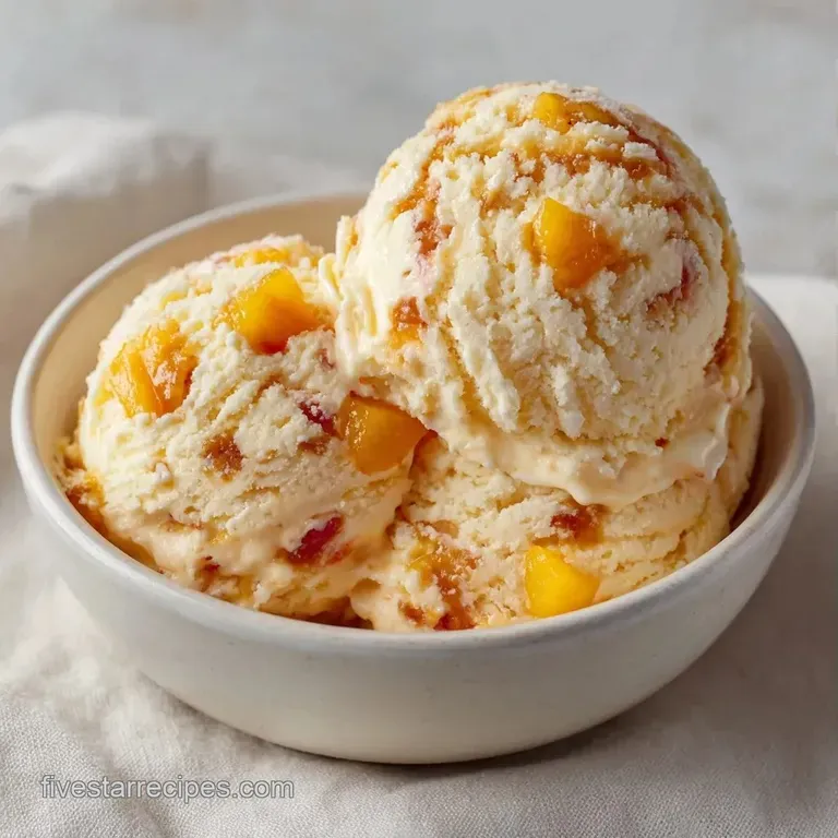 Frosted scoops of creamy peach-colored dessert in a glass coupe, drizzled with honey and topped with a peach slice.