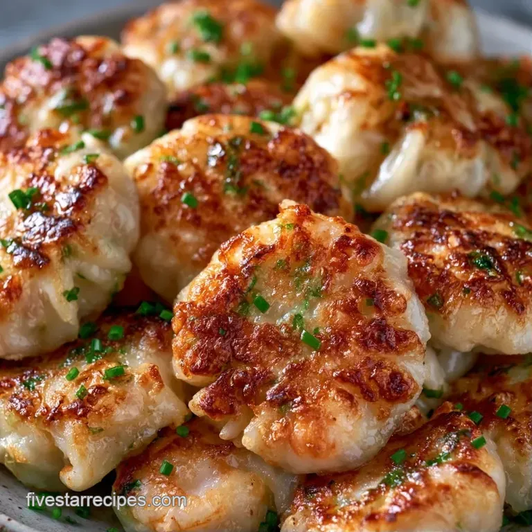 Seared golden dumplings lined up next to a small bowl of dark dipping sauce and a sprinkle of fresh green scallions.
