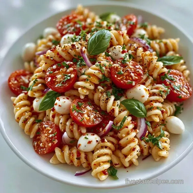 Colorful pasta tossed with red cherry tomatoes and green basil in a white ceramic bowl on a light wooden table.