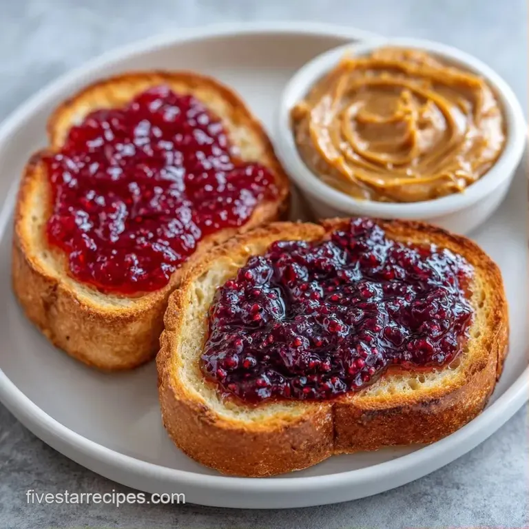 Assorted sliced breads, swirls of creamy nut butter, and bowls of ruby-red preserves arranged on a rustic board.