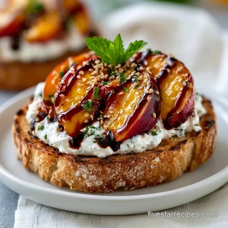 Slices of ripe golden peaches and fresh basil arranged on a marble board with a drizzle of thick balsamic glaze.