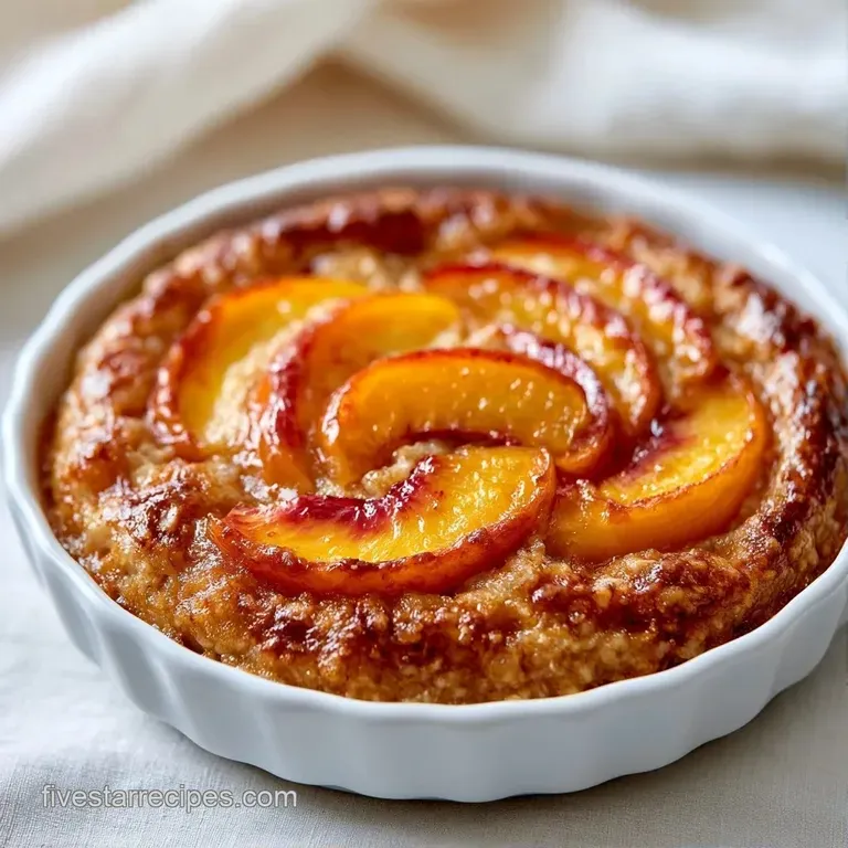 Toasted oat square on a ceramic plate, topped with a drizzle of amber maple syrup and sliced fresh peaches.