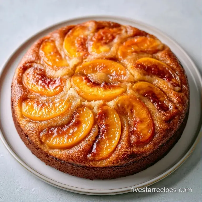 A neat slice of moist yellow cake on a white ceramic plate, garnished with a fresh mint leaf and ripe peach wedges.