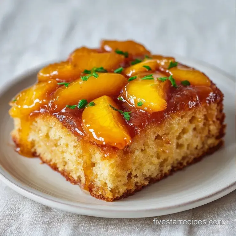 A slice of moist golden cake topped with glazed peach rings on a white ceramic plate, dusted with powdered sugar.